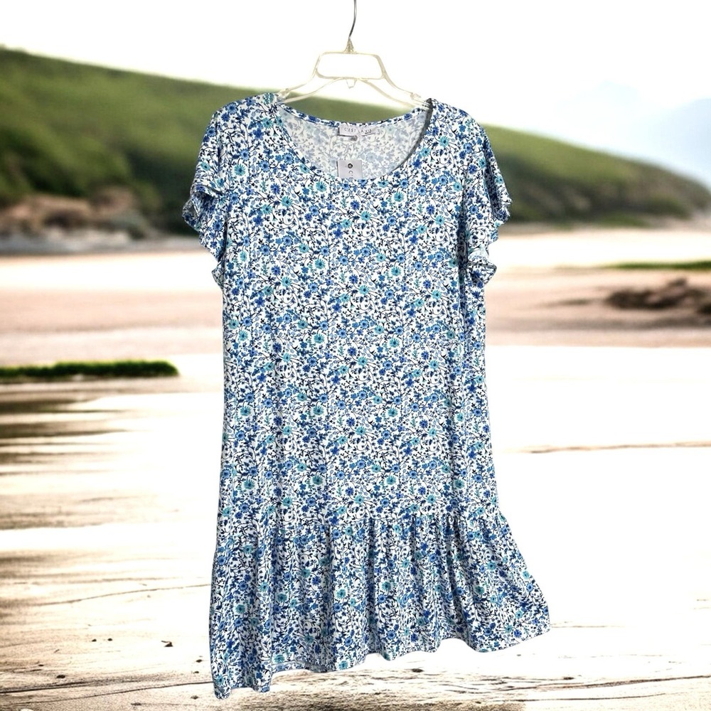 C'est La Vie Womens Large Blue Floral Ruffle Hem Flutter Sleeve Dress DS5608M